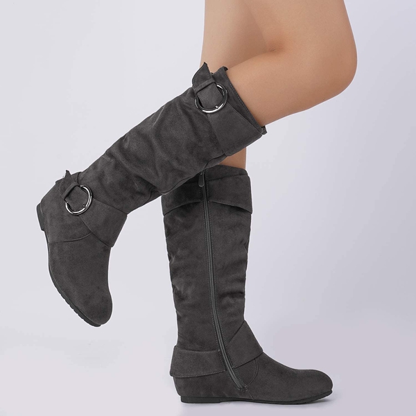 Low Heel Knee High Boots - GREY SUEDE - 1